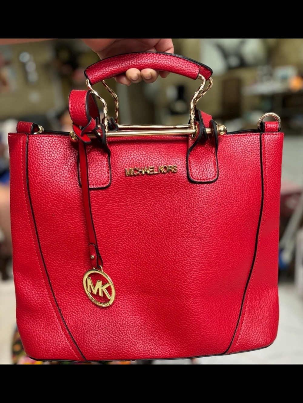Michael Kors Red Pebbled Leather Tote with Gold Accents